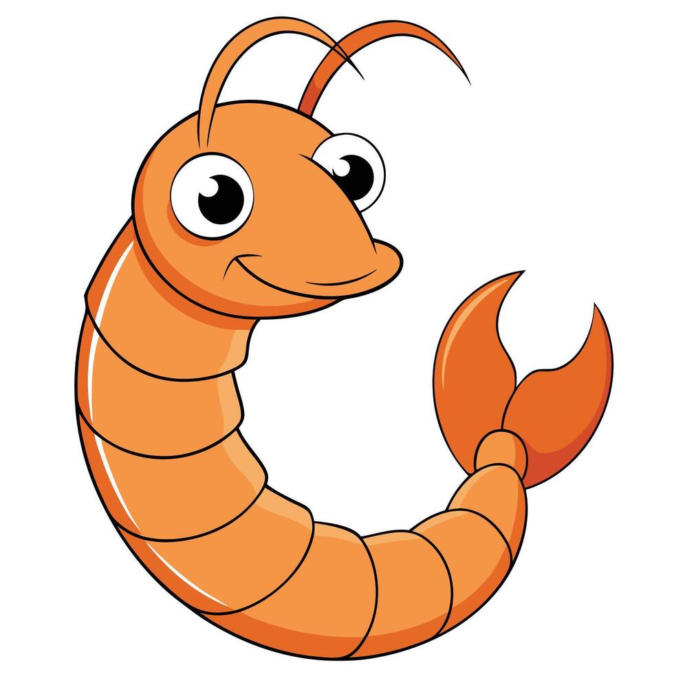 Cheerful cartoon shrimp illustration with orange color and googly eyes on white background vector