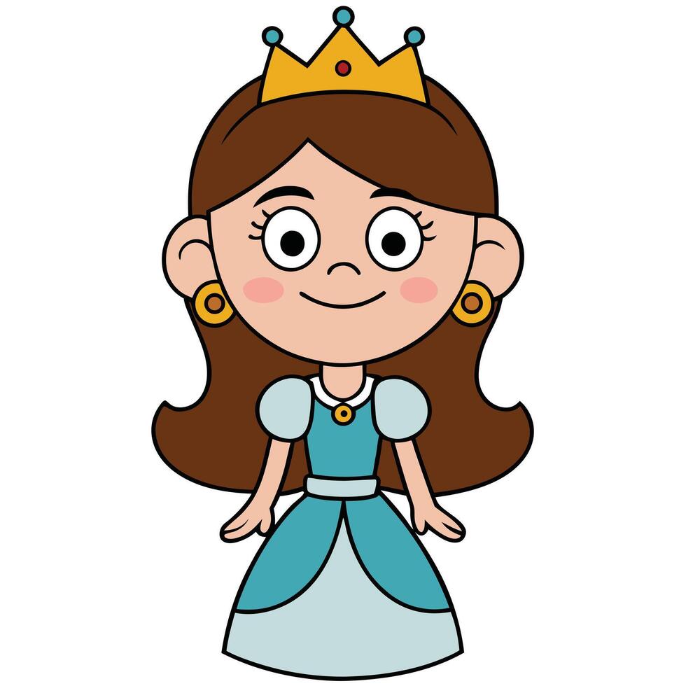Cartoon princess character with crown and blue dress isolated on white background vector
