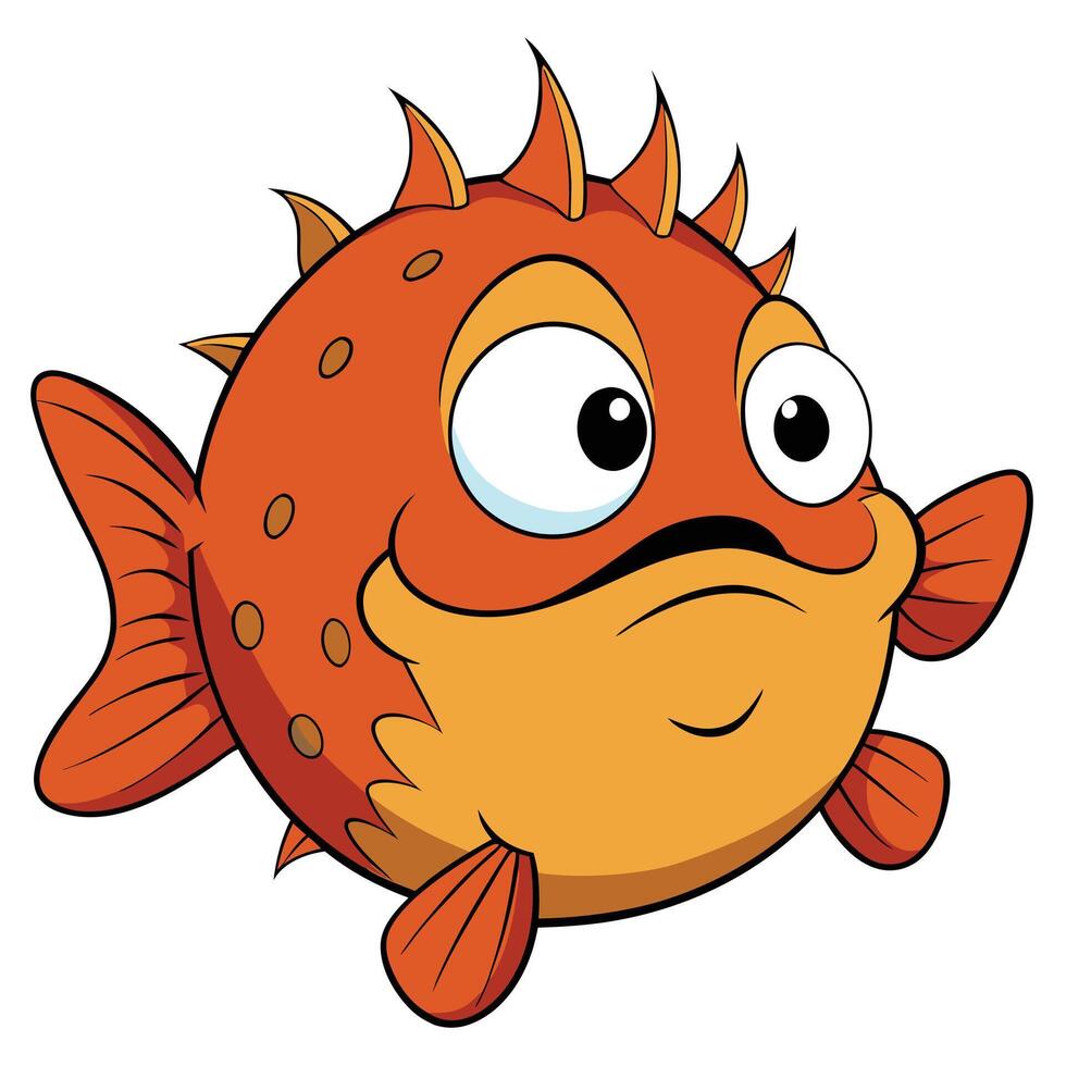 Cartoon pufferfish illustration in orange shades funny underwater creature character design vector