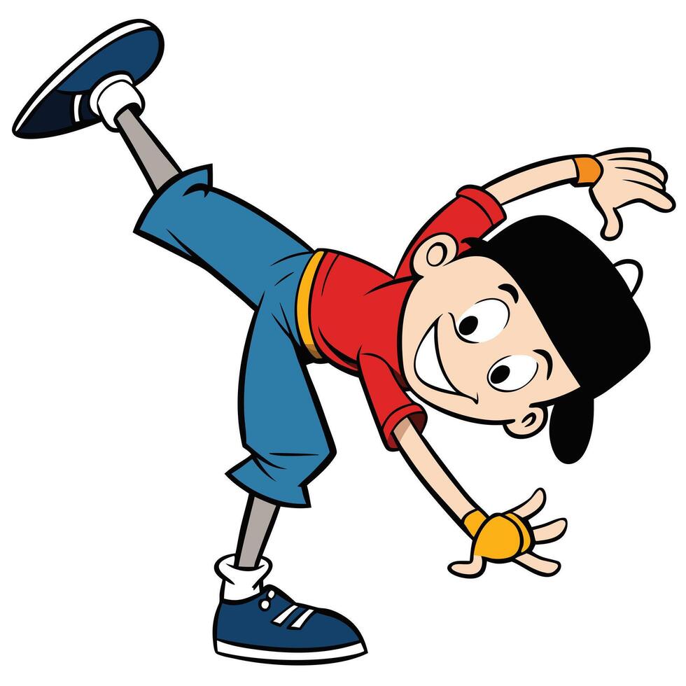 Cartoon boy in dynamic pose smiling energetic attitude animated character illustration vector