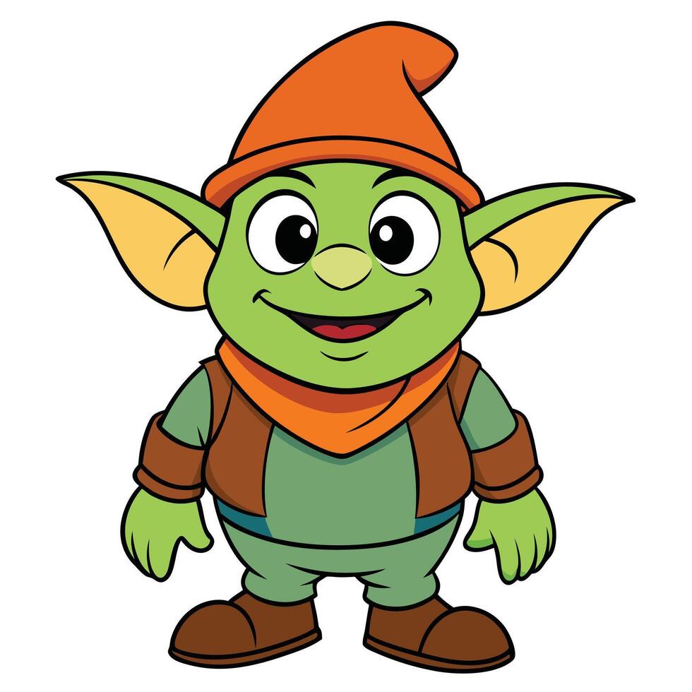 Cartoon illustration of a friendly green gnome character with orange hat and scarf vector