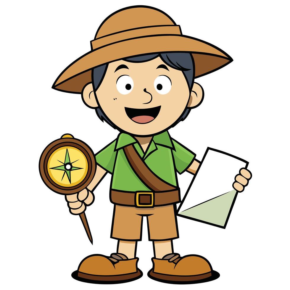 Cartoon explorer boy holding compass and map for adventure illustration vector