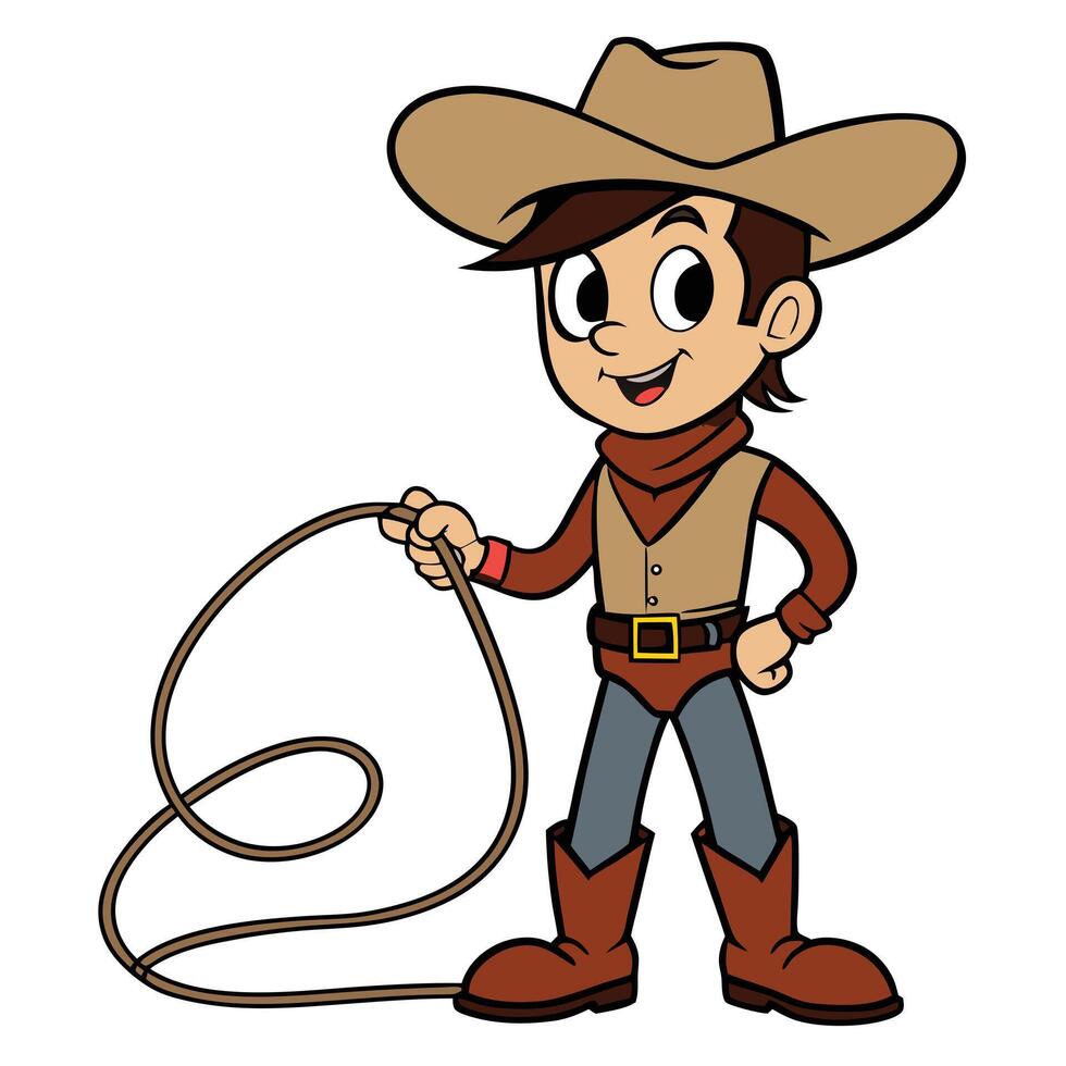 Cartoon cowboy with lasso illustration child in western outfit holding rope ready to ride vector