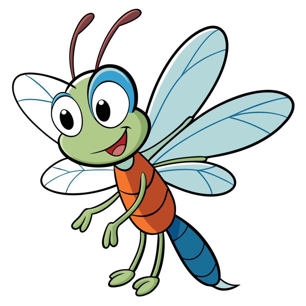 Happy cartoon dragonfly character with big eyes and wings illustration vector