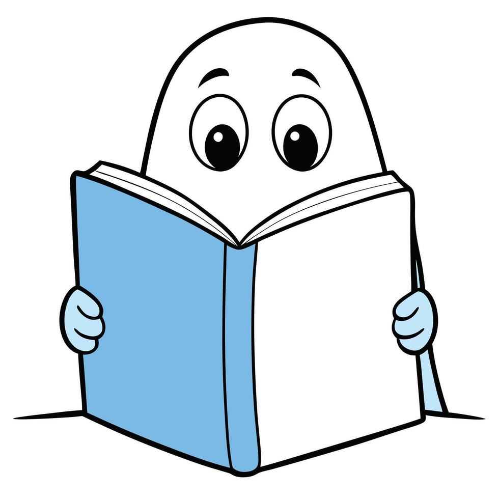 Cartoon character reading an open book with a light blue cover education and learning vector