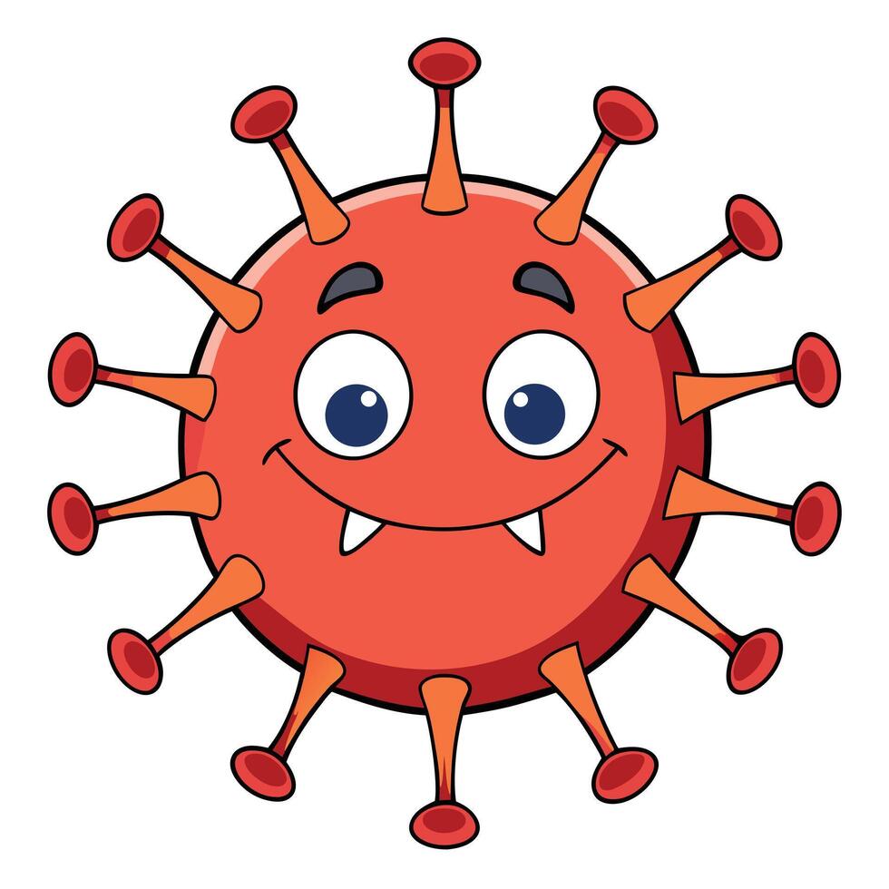 Cute cartoon coronavirus character with a smiling face and two fangs vector