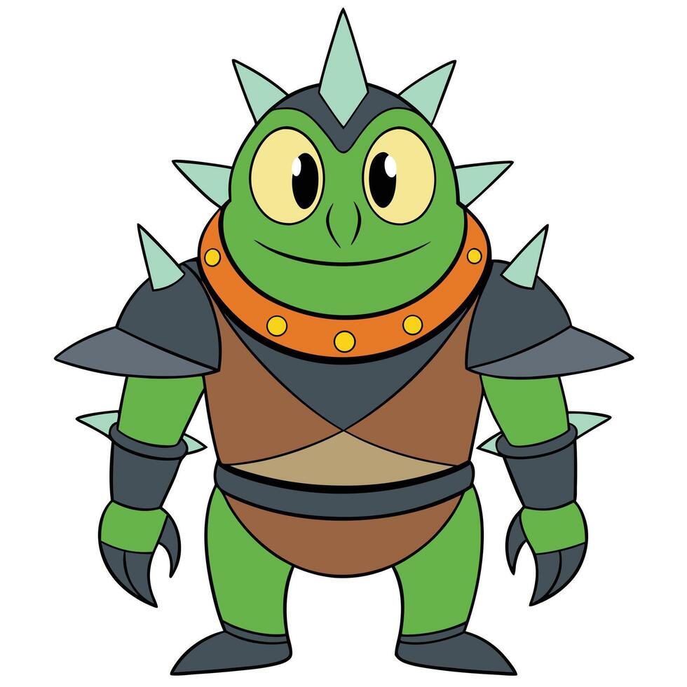 Cartoon green monster with spikes wearing armor illustration on white background vector