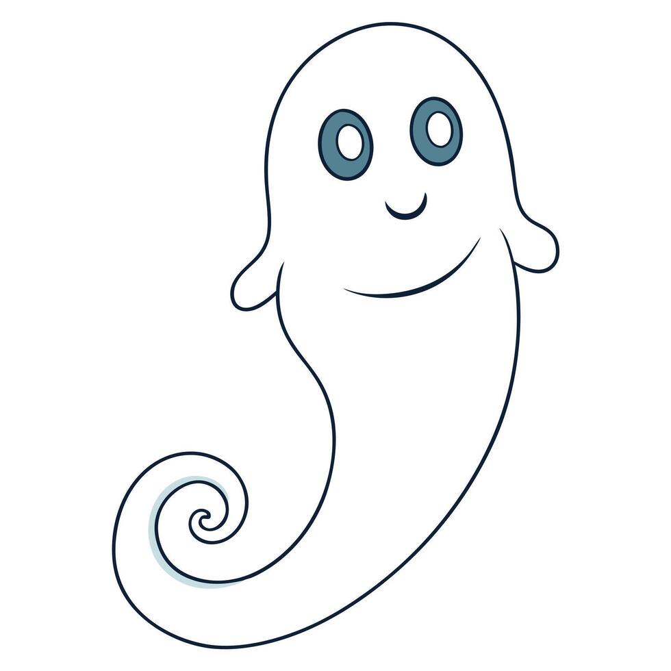 Cute friendly ghost cartoon character with swirl tail for halloween decoration vector