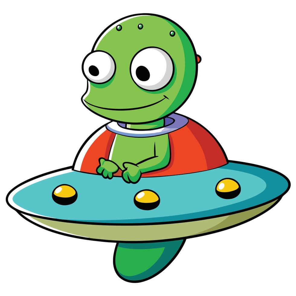 Cheerful green alien cartoon character riding a retro style flying saucer vector