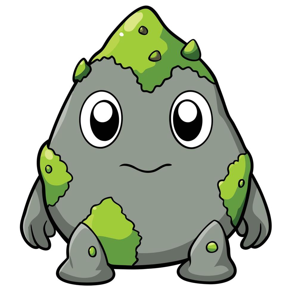Cute stone monster cartoon character with moss growing on its body vector