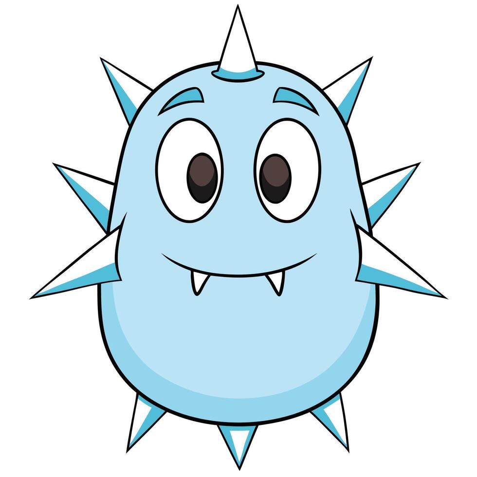 Cute light blue cartoon spiked monster with smiling face and two fangs vector