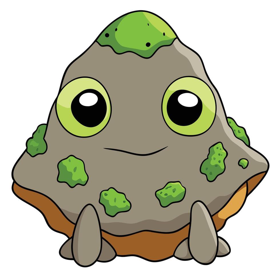Cute cartoon stone character with moss and big green eyes vector