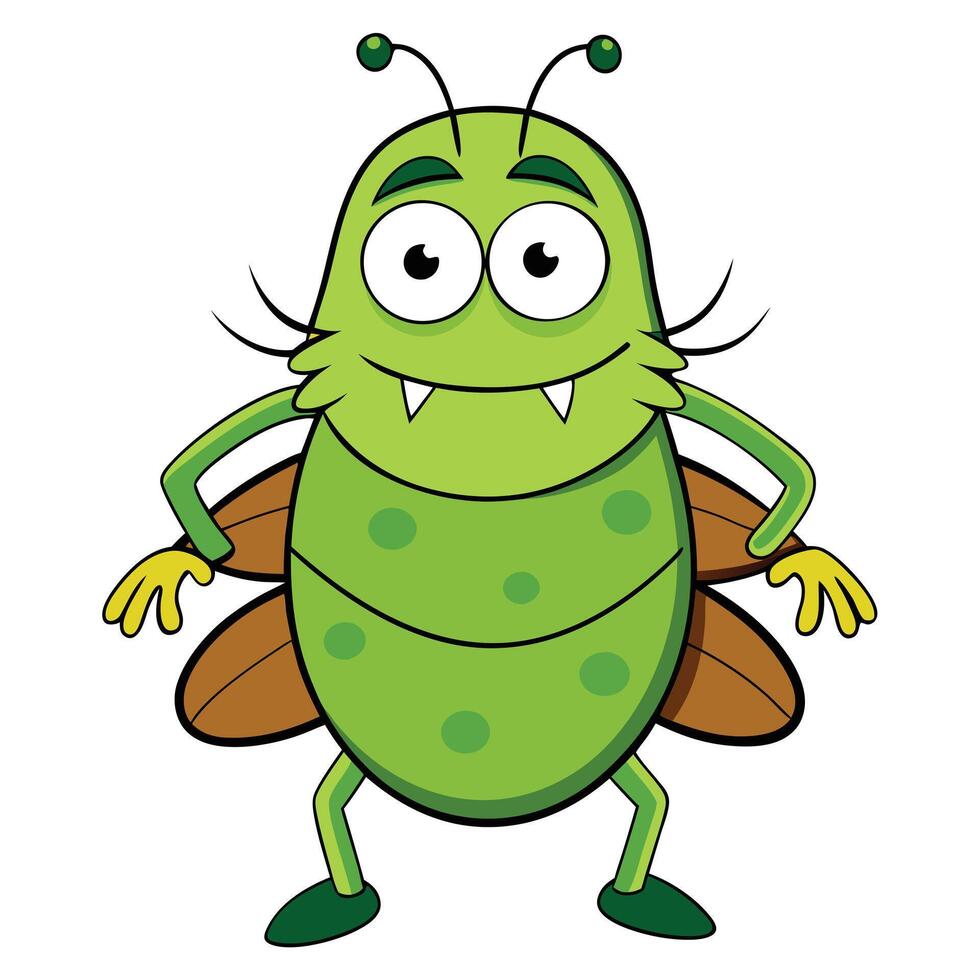 Cartoon green insect with wings and fangs character illustration vector