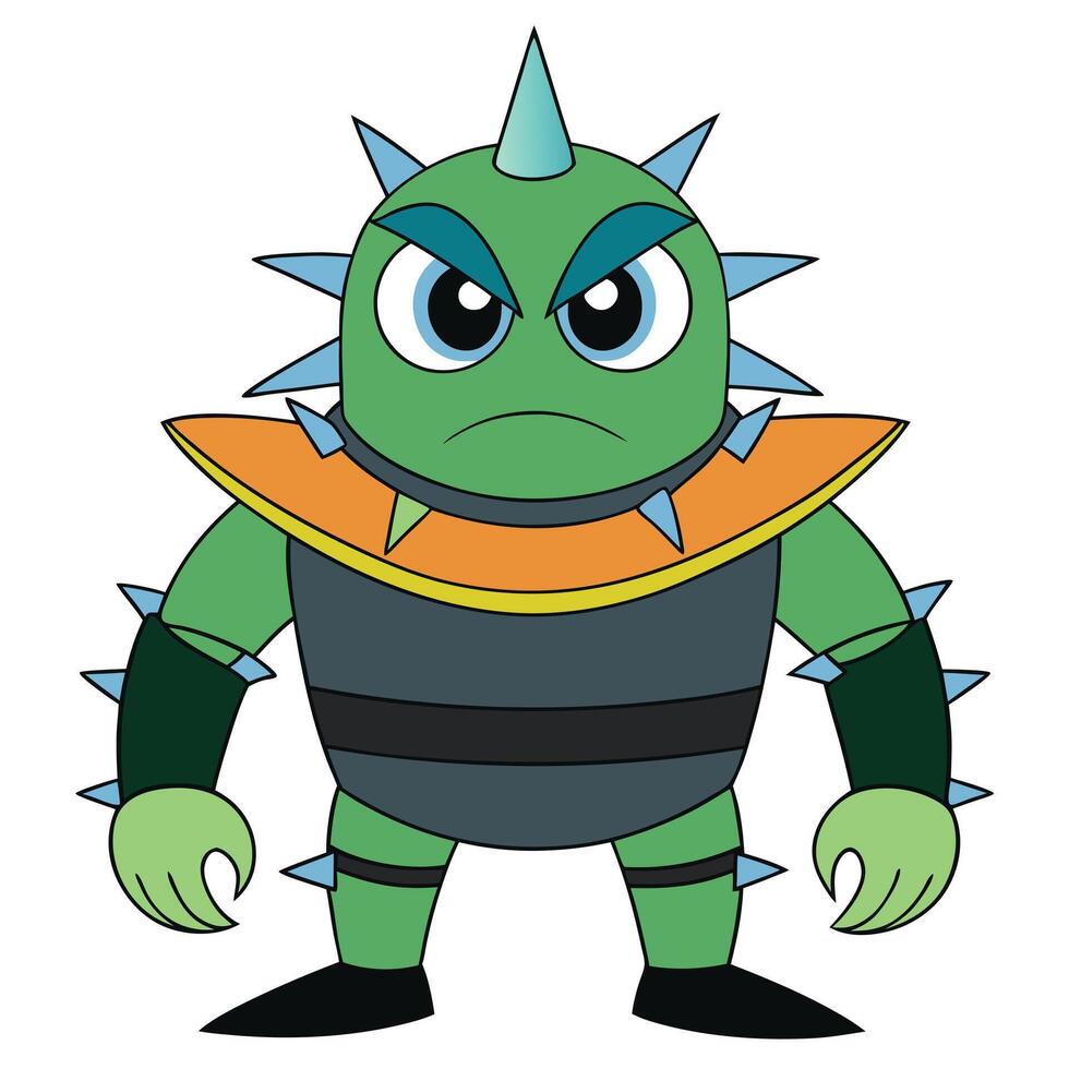 Cartoon green spiky monster with angry expression for kids illustration vector
