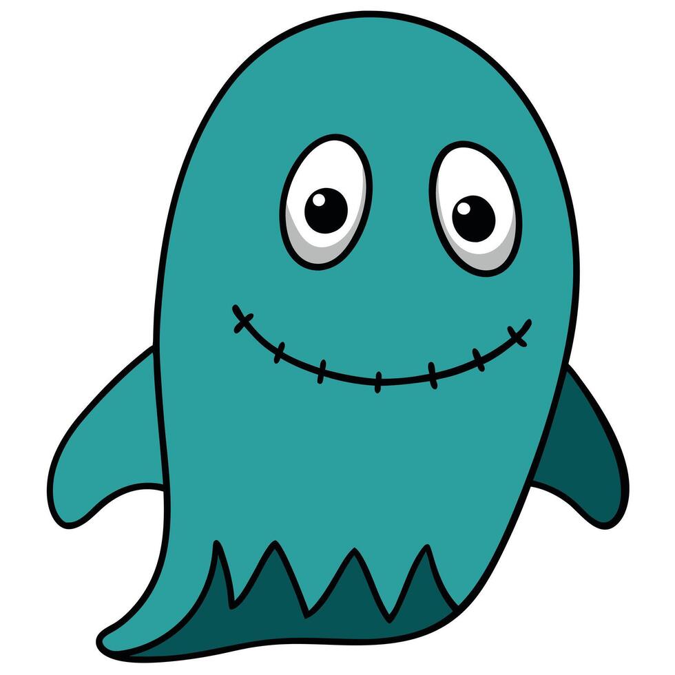 Cute teal halloween ghost illustration with googly eyes and stitched smile vector