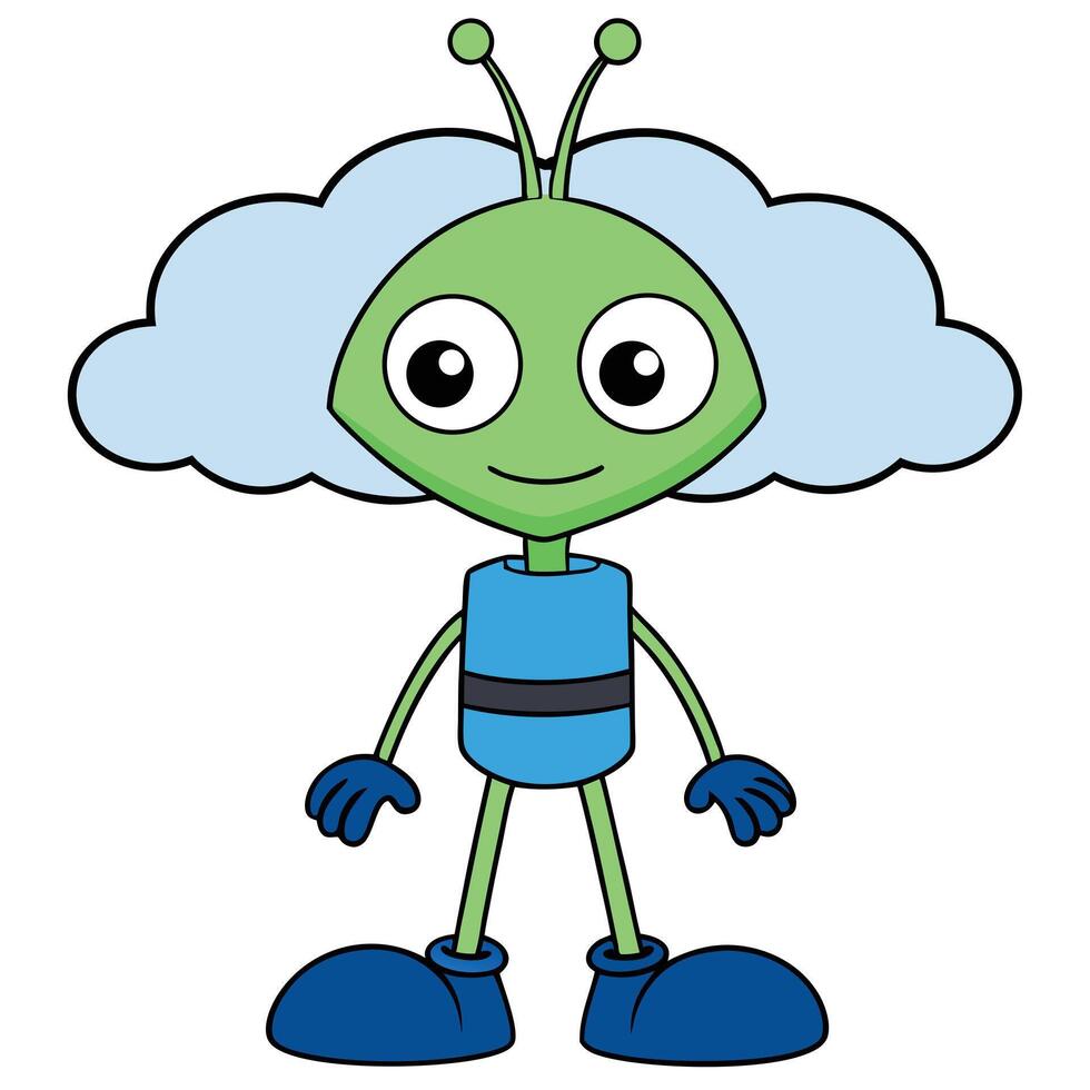 Cartoon alien character with cloud hair and blue outfit design for kids vector