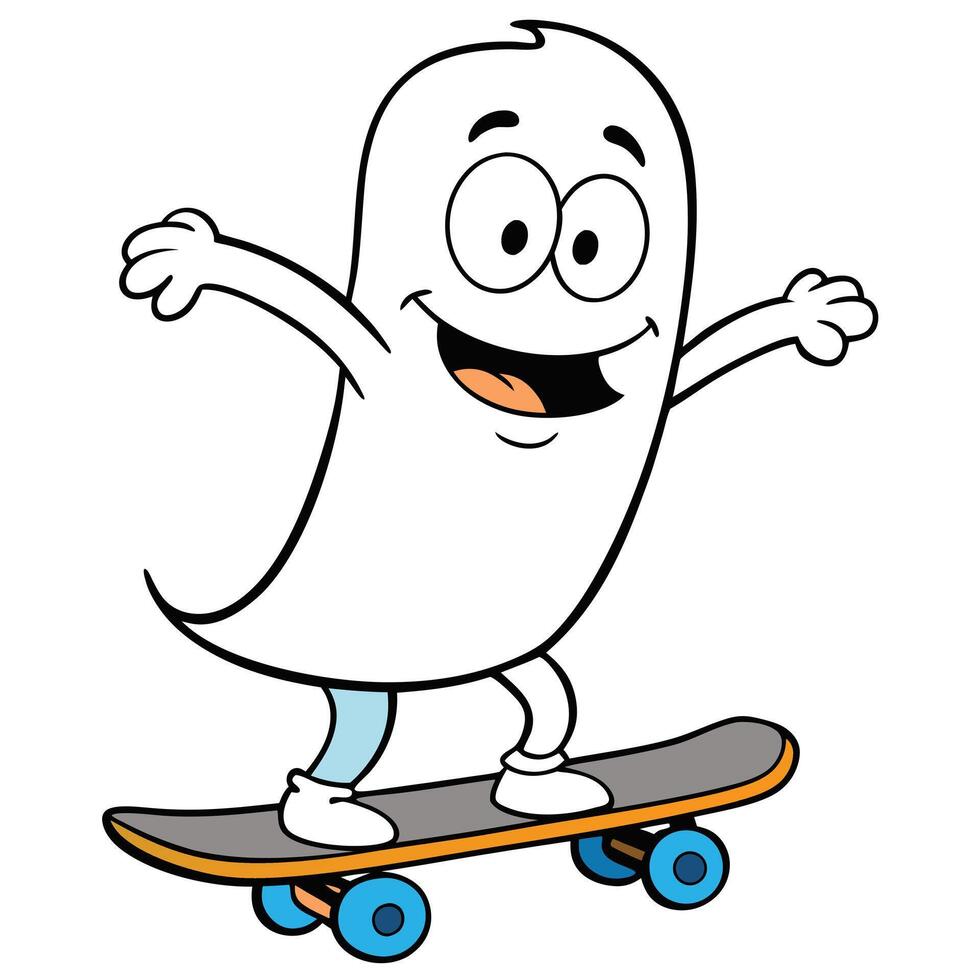 Cartoon ghost character riding skateboard with happy expression and playful pose vector