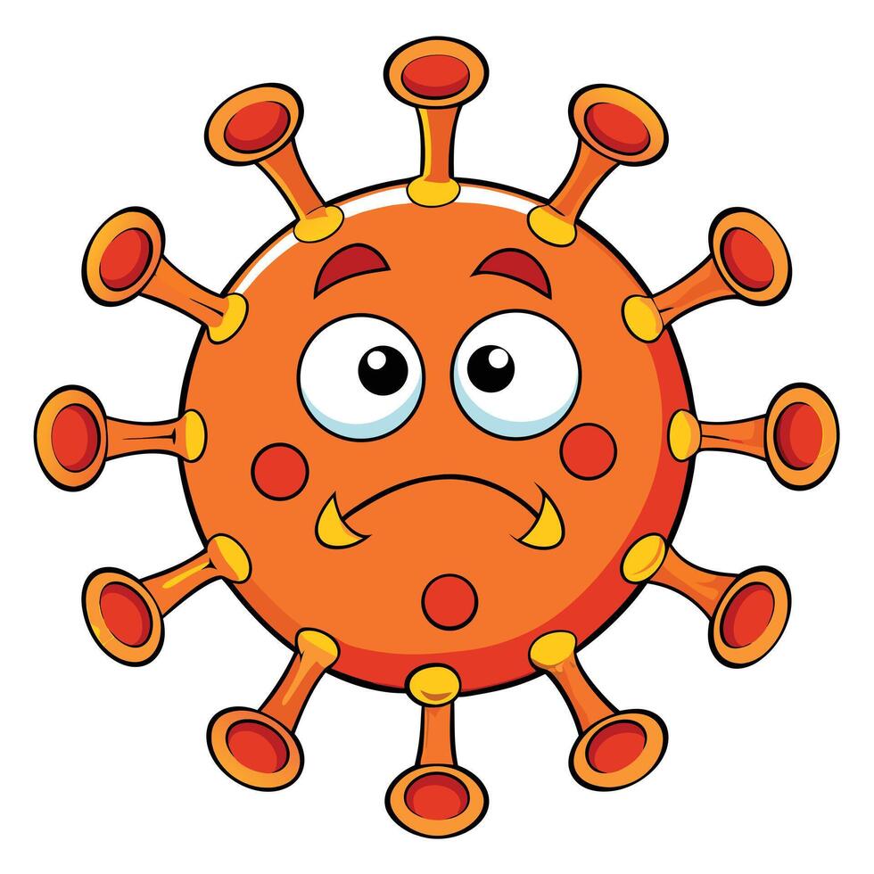 Sad cartoon coronavirus illustration of a virus character with a frowning face vector