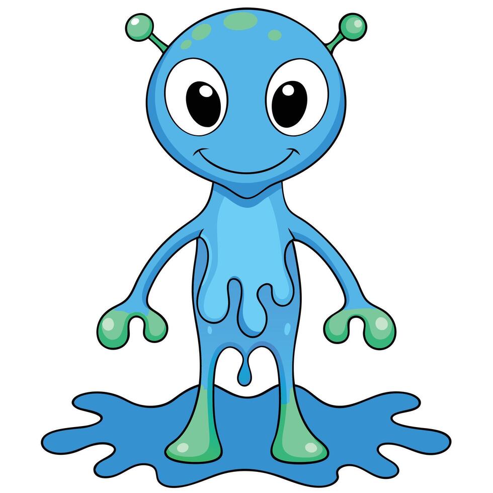 Cute cartoon alien illustration with big eyes and happy expression standing in puddle vector