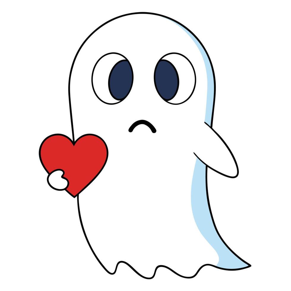 Sad ghost holding heart cute cartoon character halloween or valentines day concept vector
