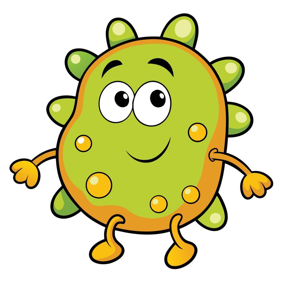 Cartoon virus character illustration green germ with googly eyes smiling face vector