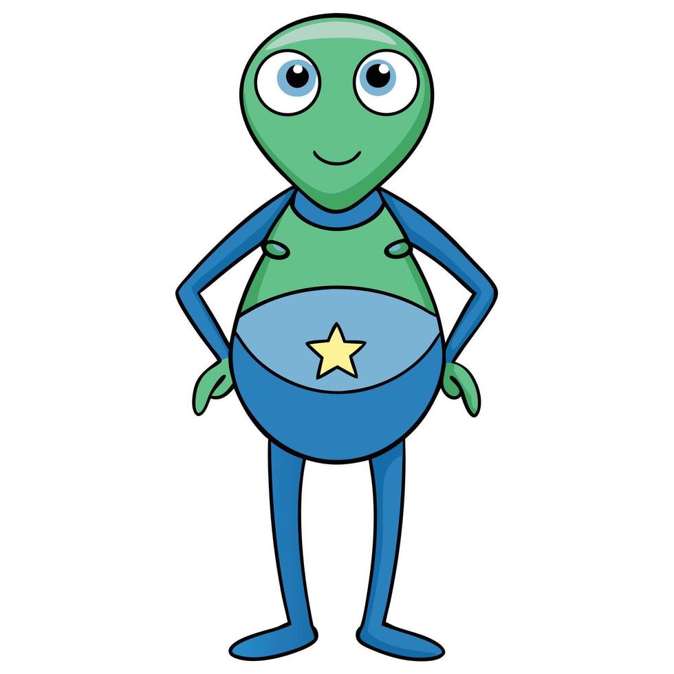 Cute green and blue alien character standing with star emblem illustration vector