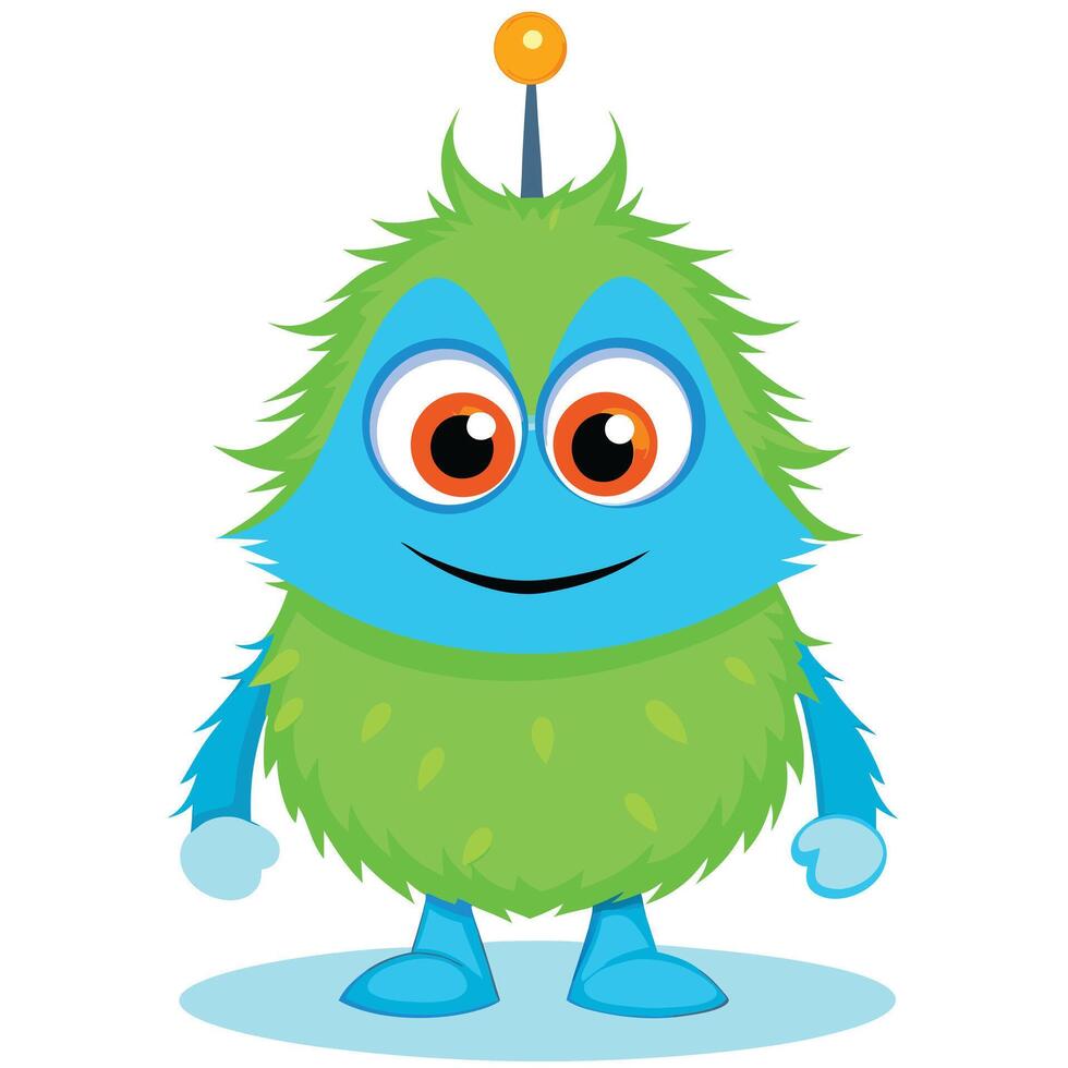Cute cartoon monster character with antenna and fluffy green hair design vector