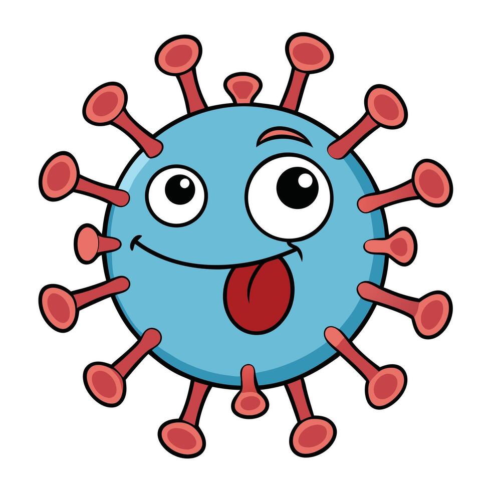 Cartoon coronavirus character with googly eyes and tongue sticking out isolated vector