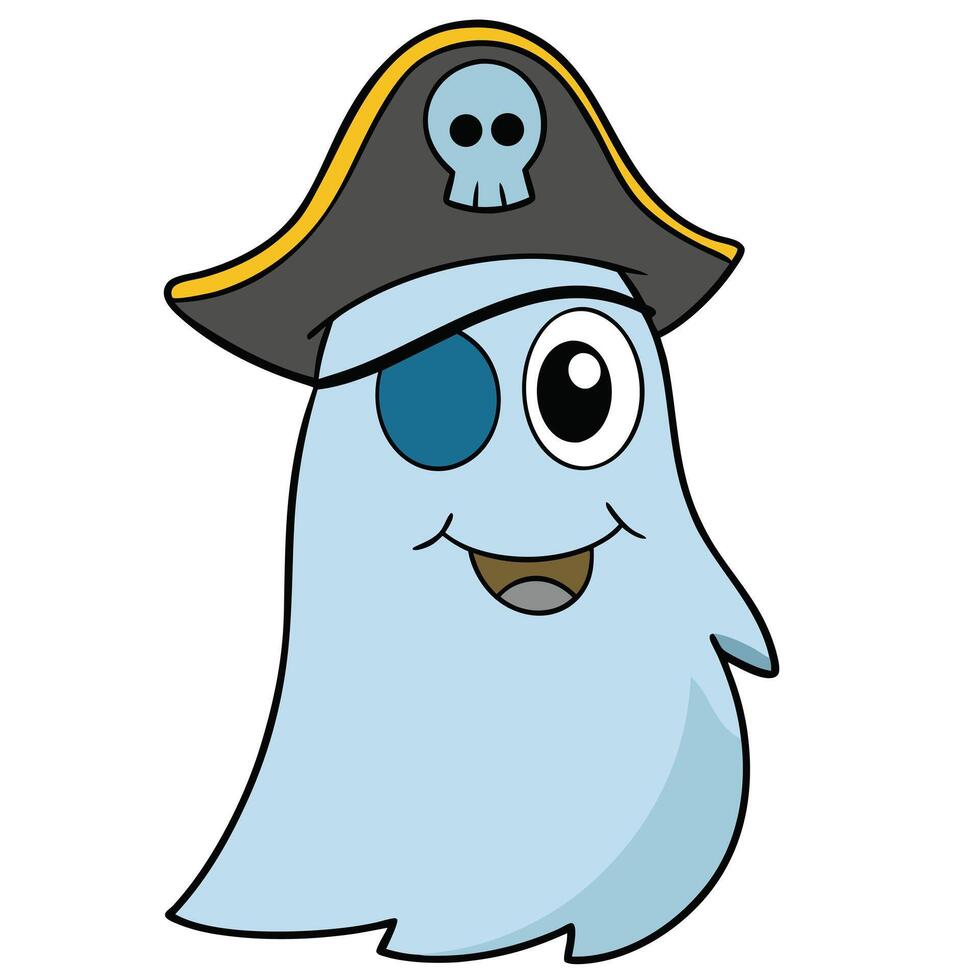 Cartoon ghost pirate character wearing an eyepatch and skull hat illustration vector