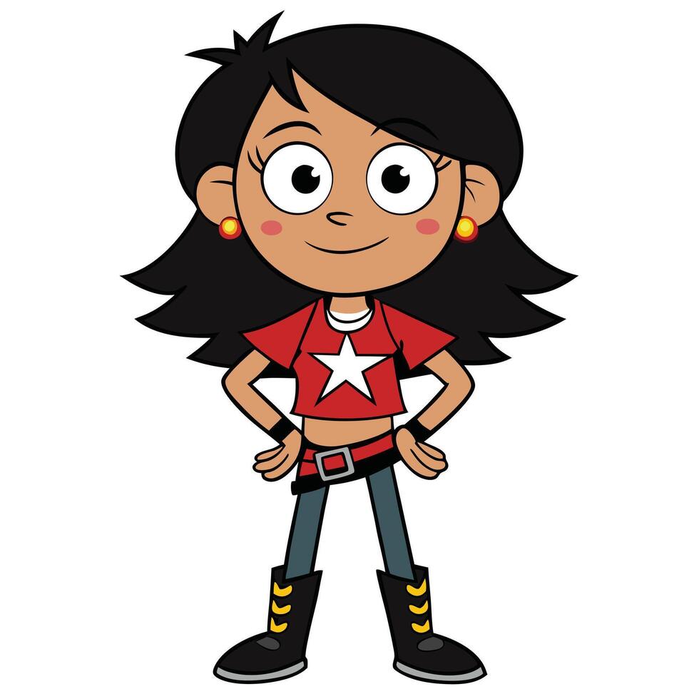 Cartoon girl hero with star tshirt and confident pose character design vector