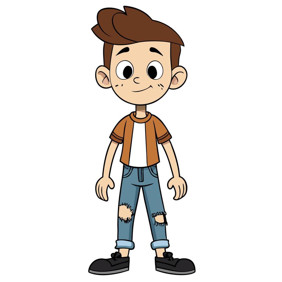 Cartoon character full body illustration boy with ripped jeans standing isolated vector