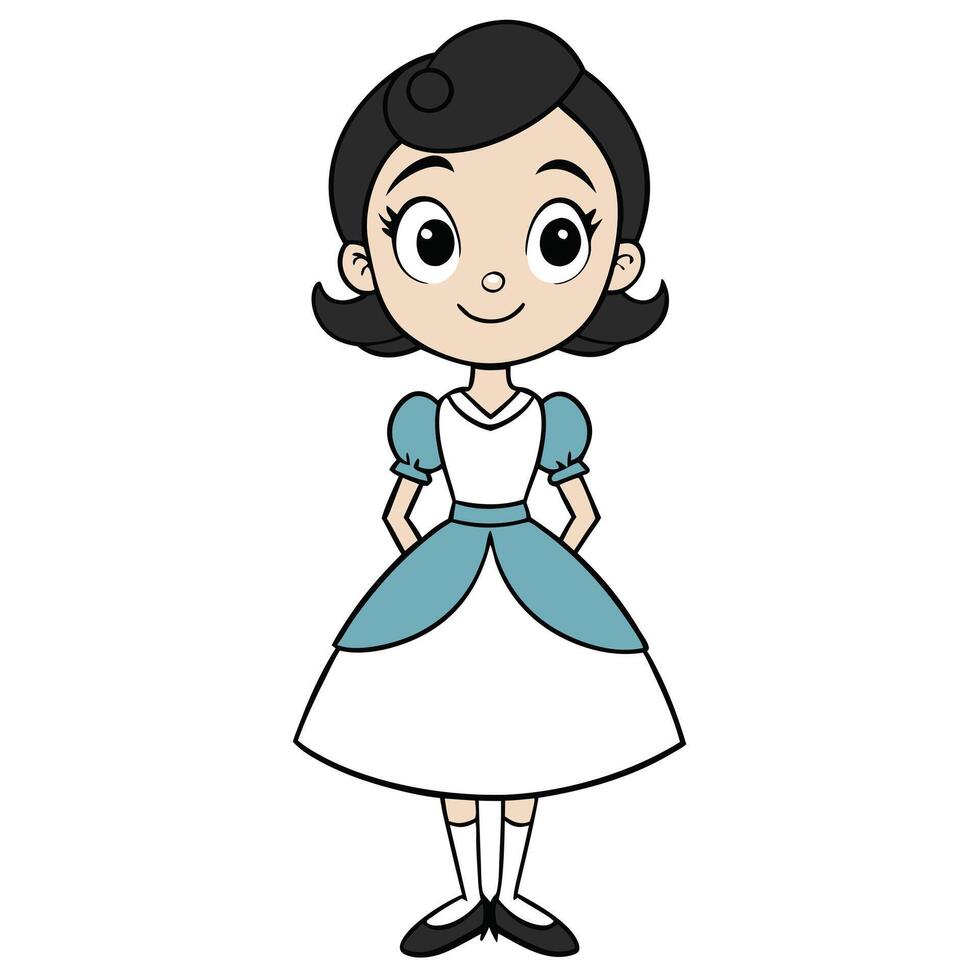 Cartoon illustration of smiling young girl in white and blue dress vector