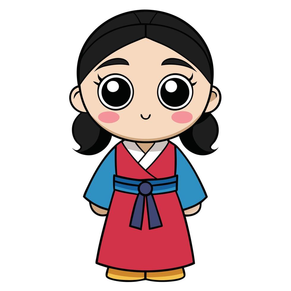 cartoon korean girl wearing traditional hanbok dress illustration vector