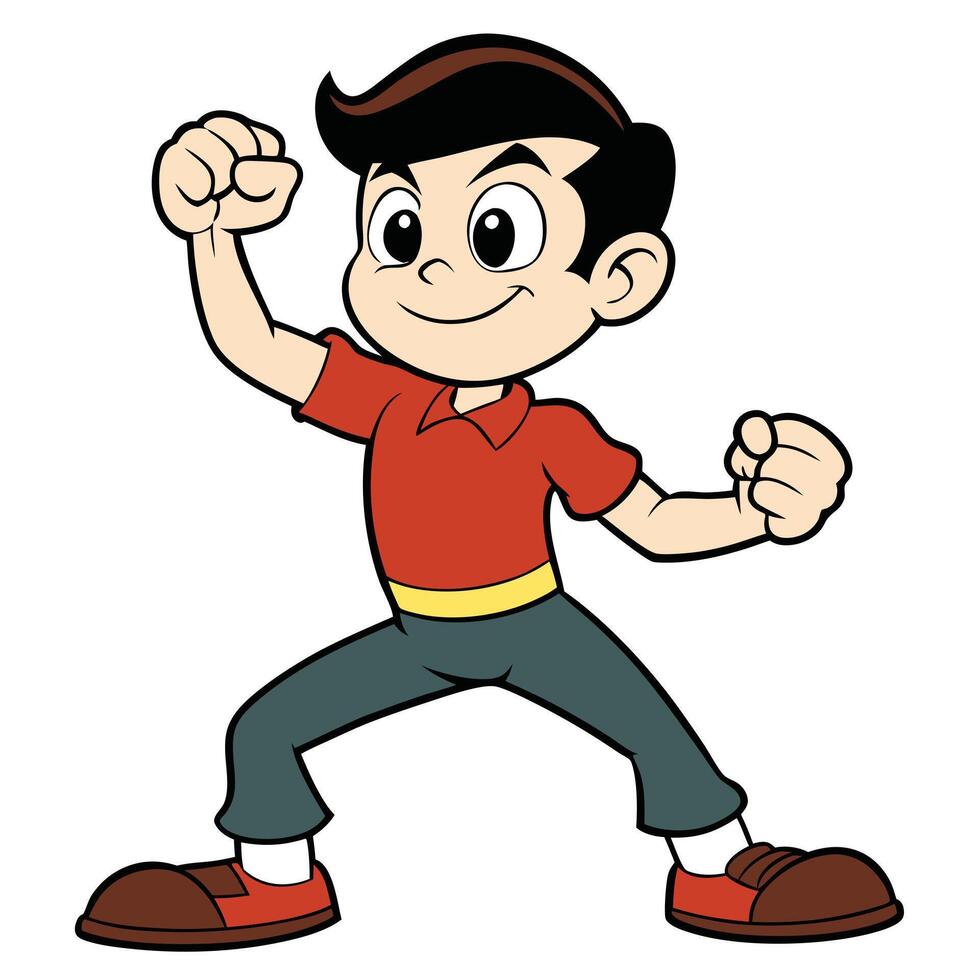 Confident cartoon boy with fists raised in classic comic book style vector