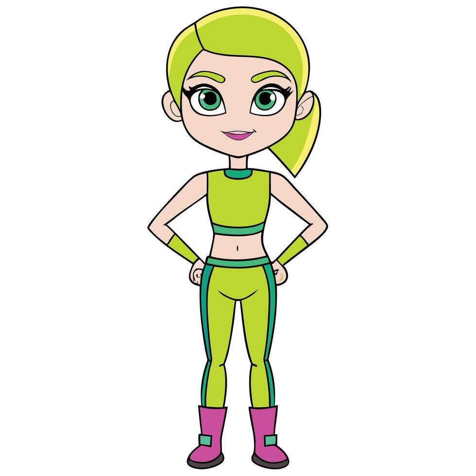 Cartoon girl in green sports outfit with pink boots standing confidently vector