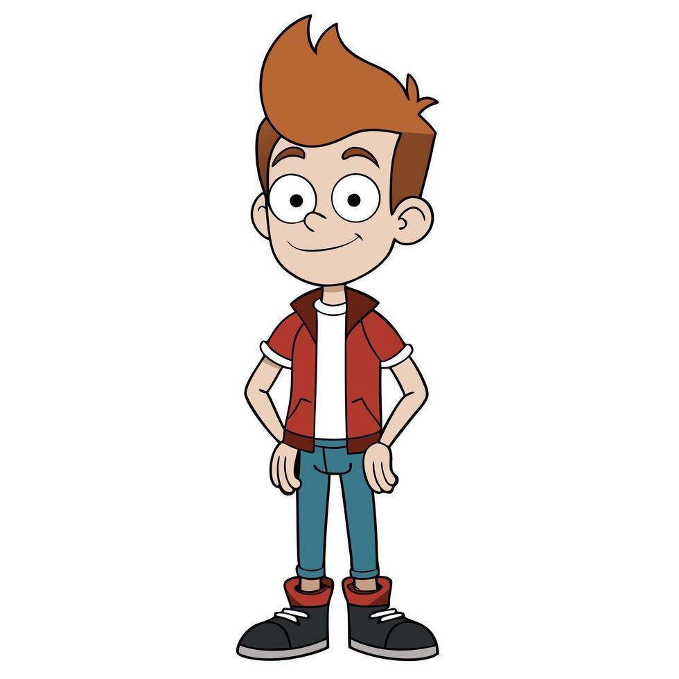 Cartoon illustration of a smiling boy with red hair and jacket standing vector