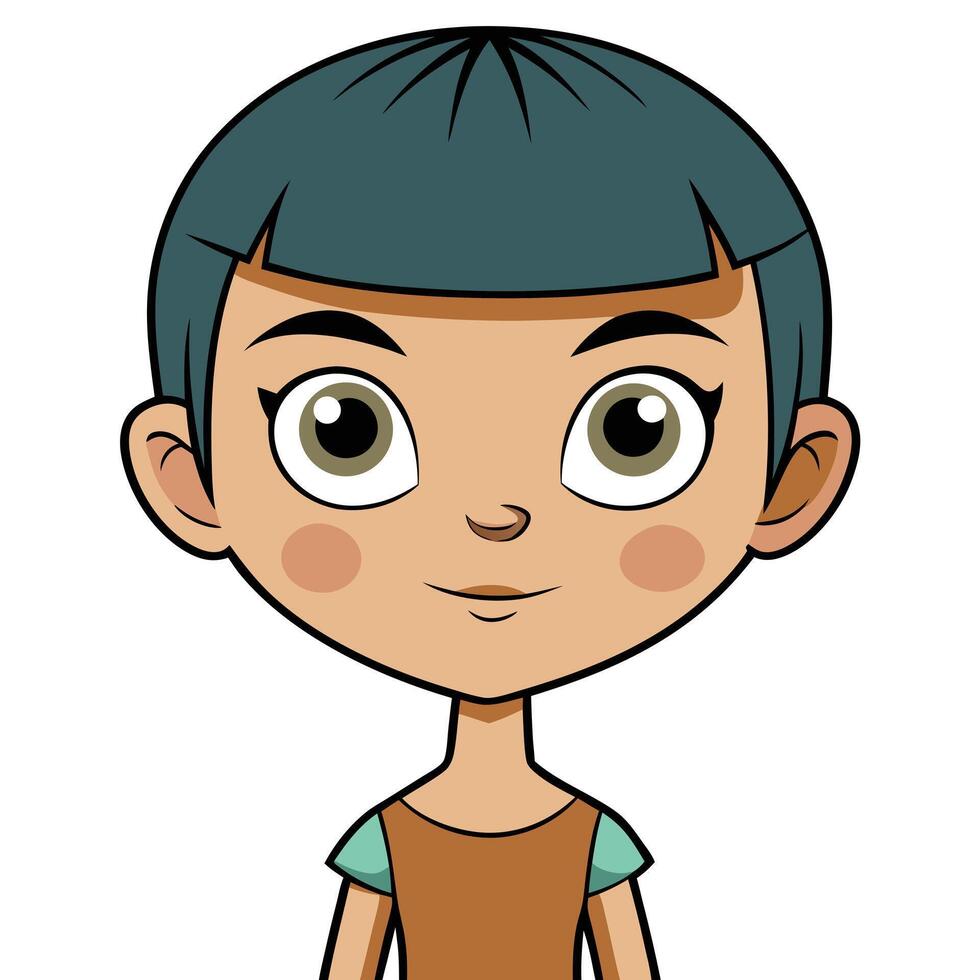 Cartoon illustration of a young girl with short dark hair and big eyes vector