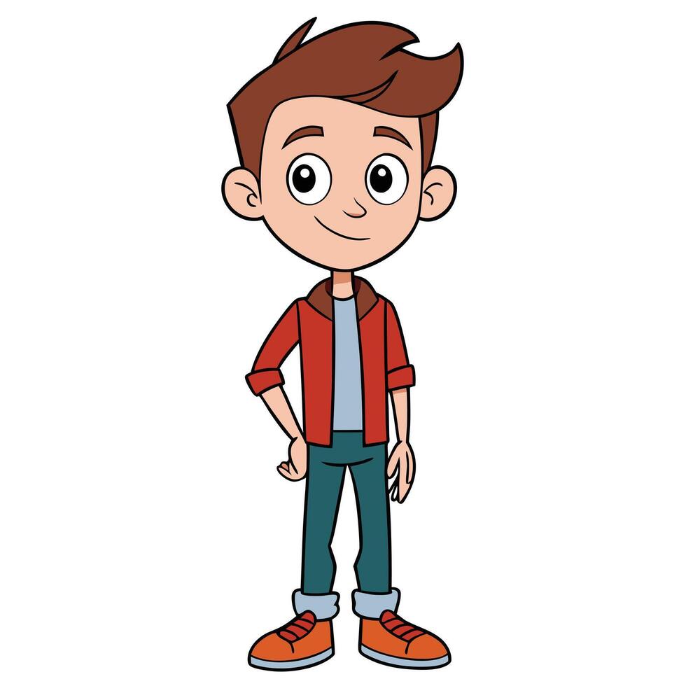 Standing cartoon boy character with red jacket and brown hair smiling vector