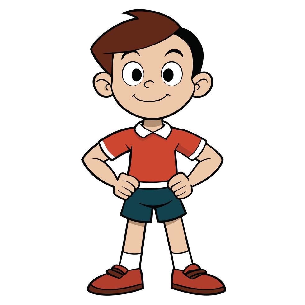 Cartoon boy with brown hair smiling and standing with hands on hips vector