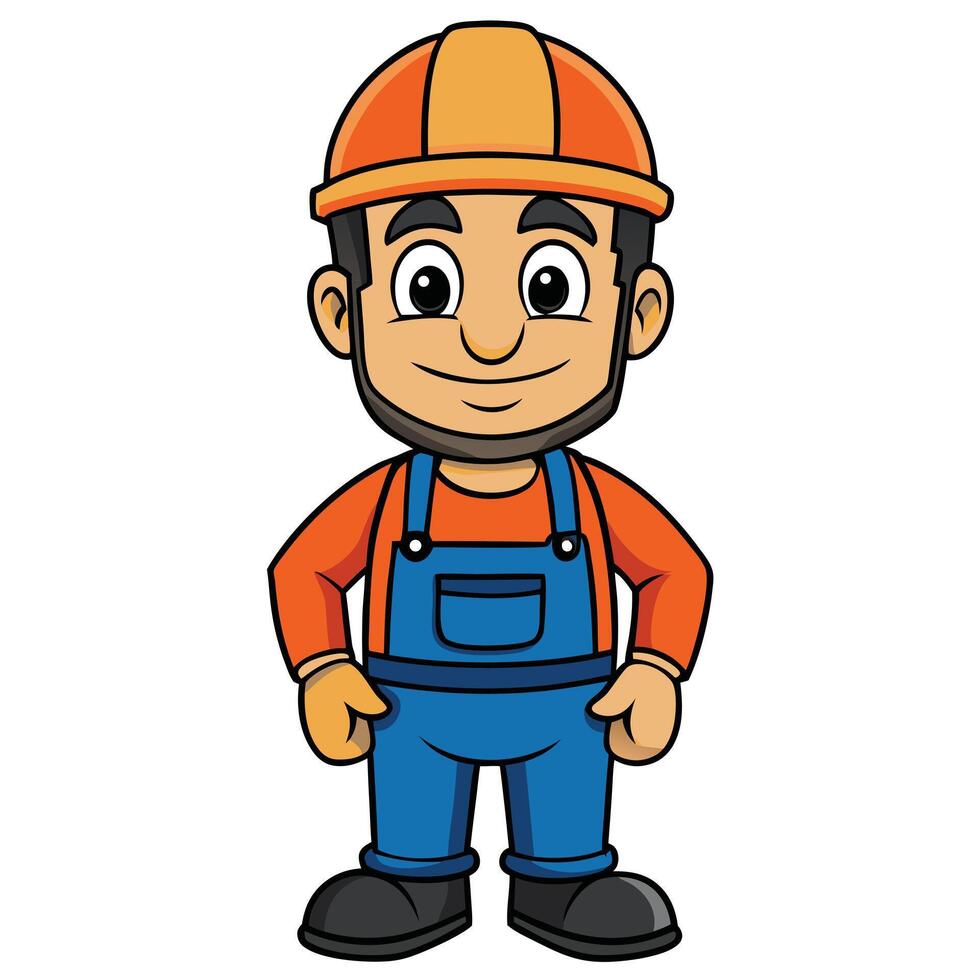 Cartoon construction worker illustration with hard hat and overalls vector