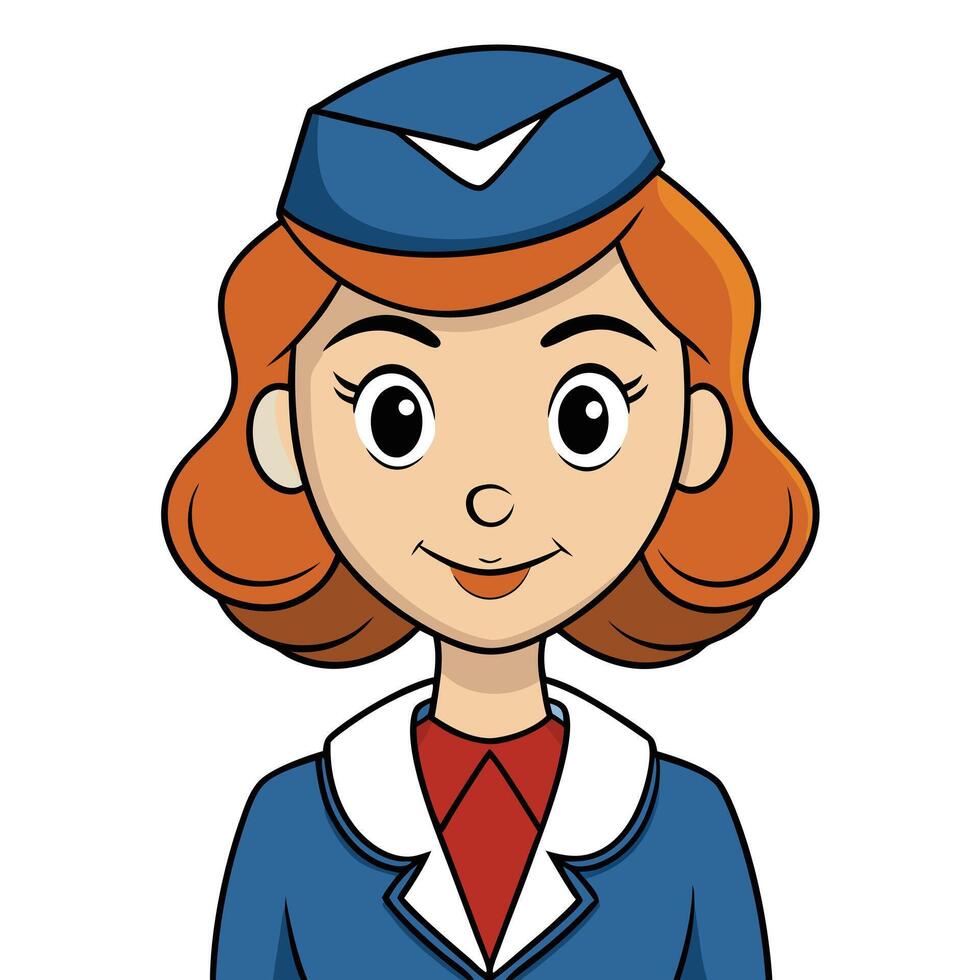 Cartoon portrait of smiling stewardess with auburn hair and blue uniform vector