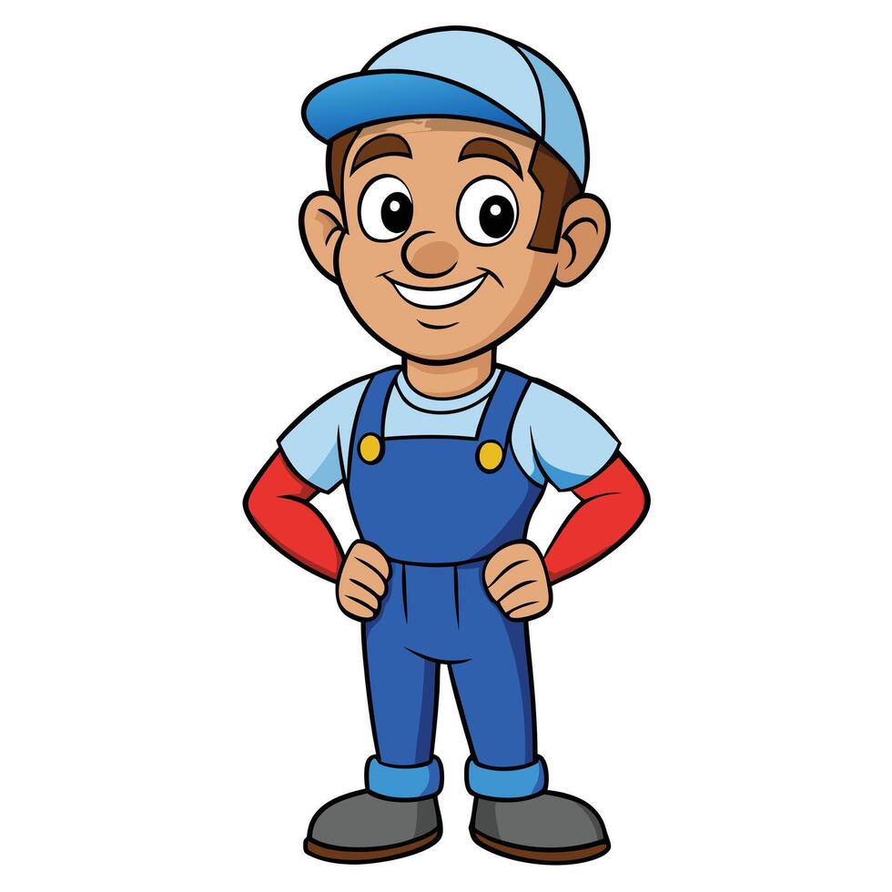 Cheerful cartoon character of a repairman or plumber in overalls and cap vector