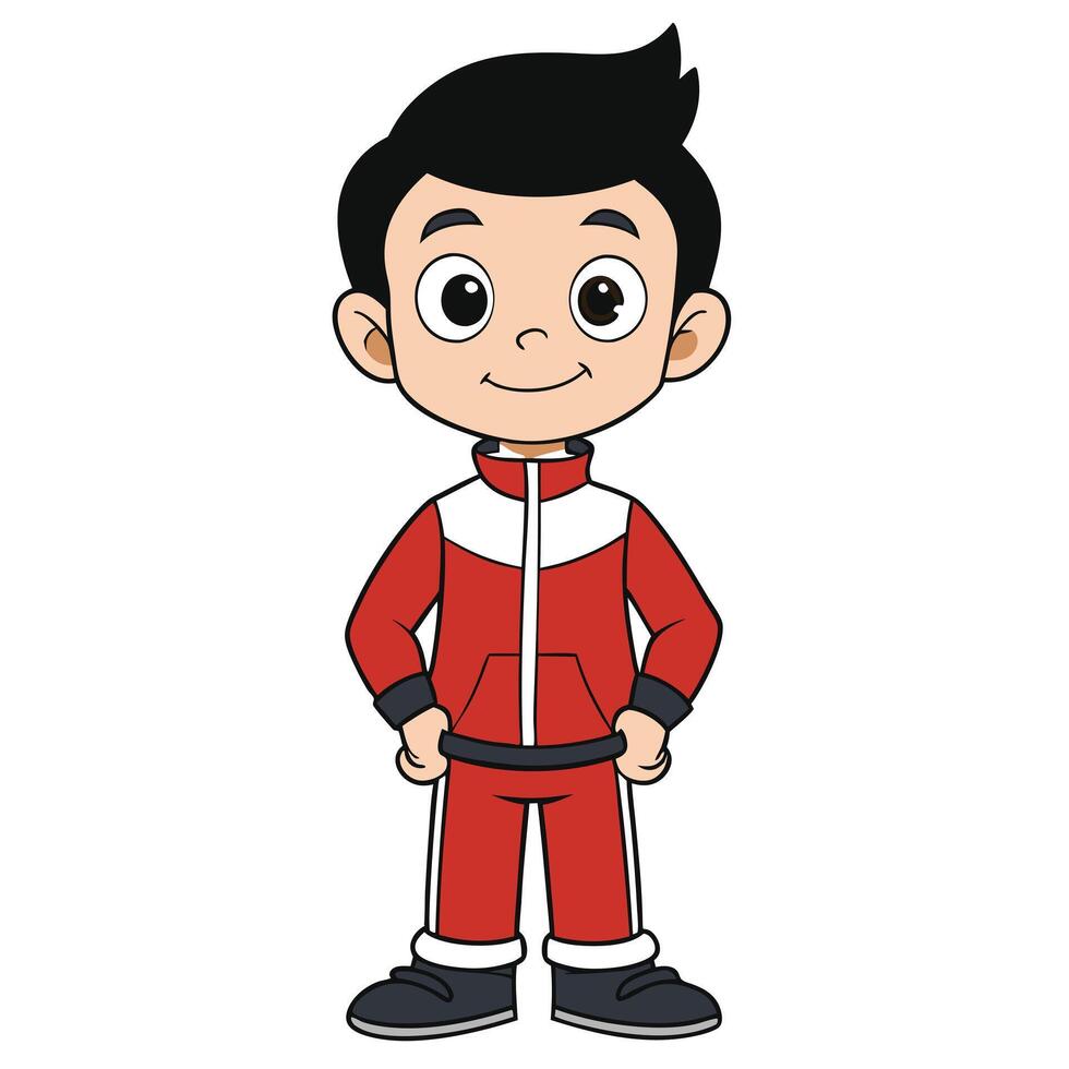 Cartoon boy standing smiling in red tracksuit isolated on white vector