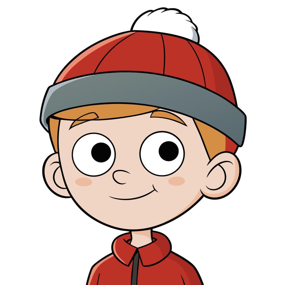 Smiling cartoon boy wearing a red winter hat and jacket illustration vector