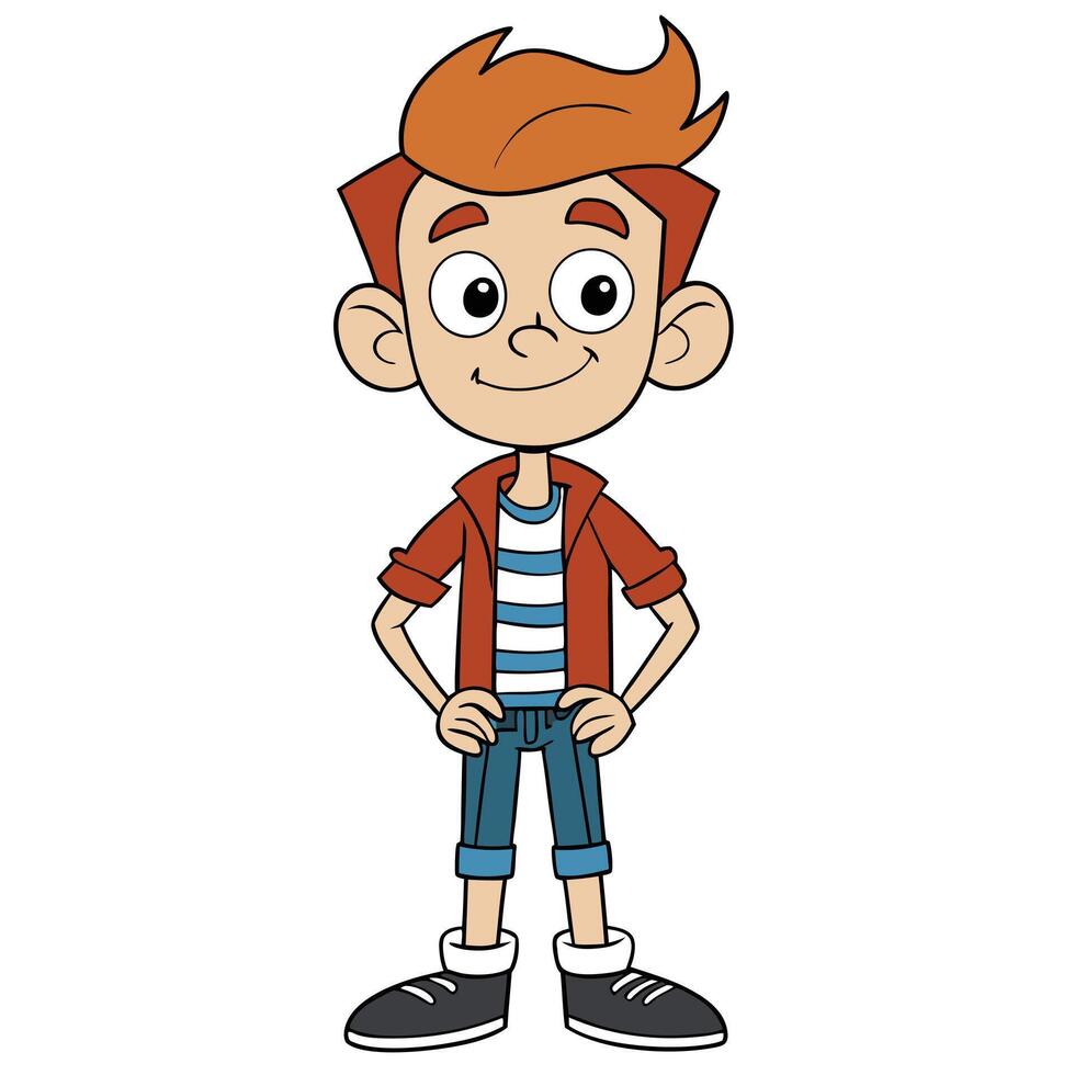 Cartoon boy standing proudly with hands on hips in casual clothes vector