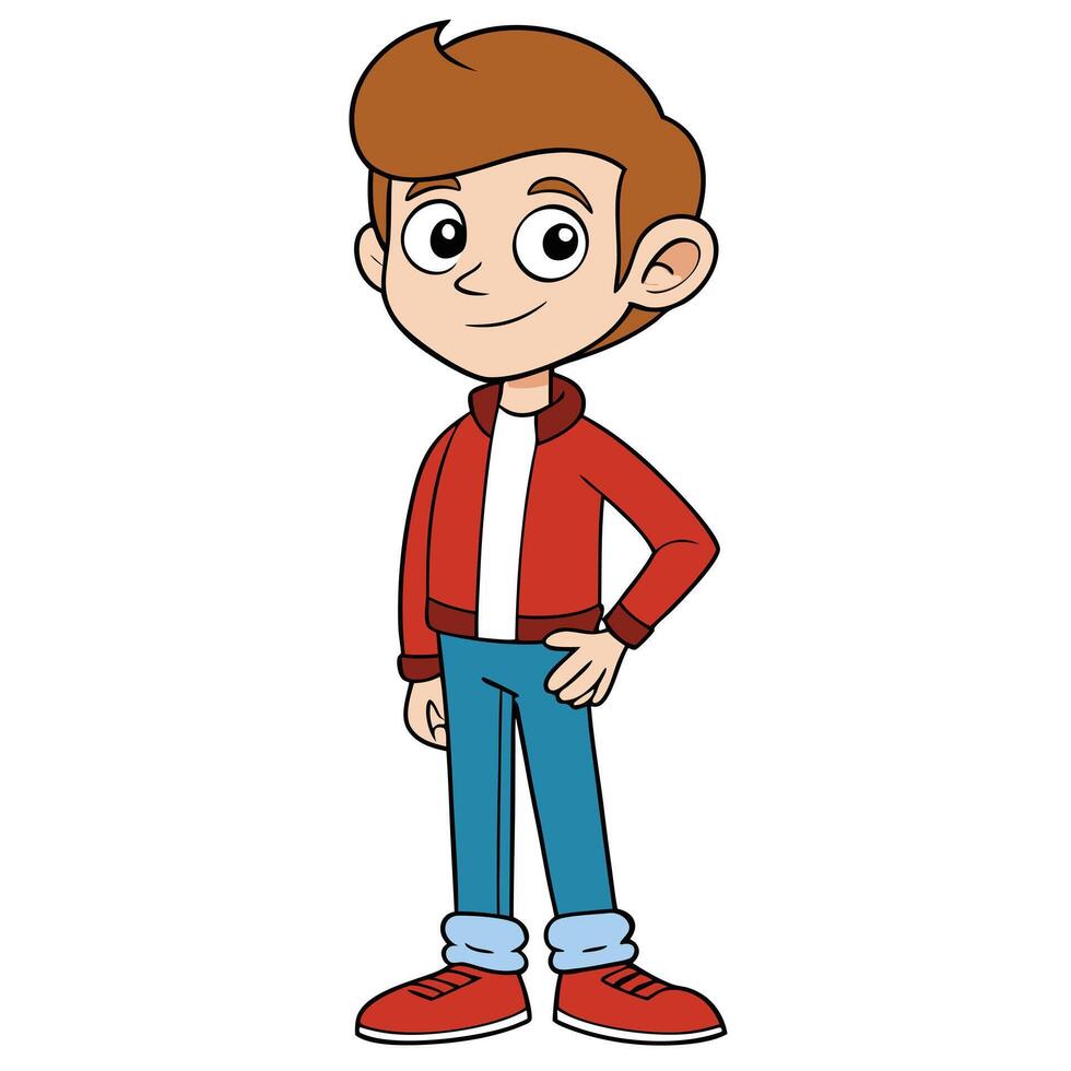 Cartoon boy character standing pose wearing a red jacket and blue jeans vector