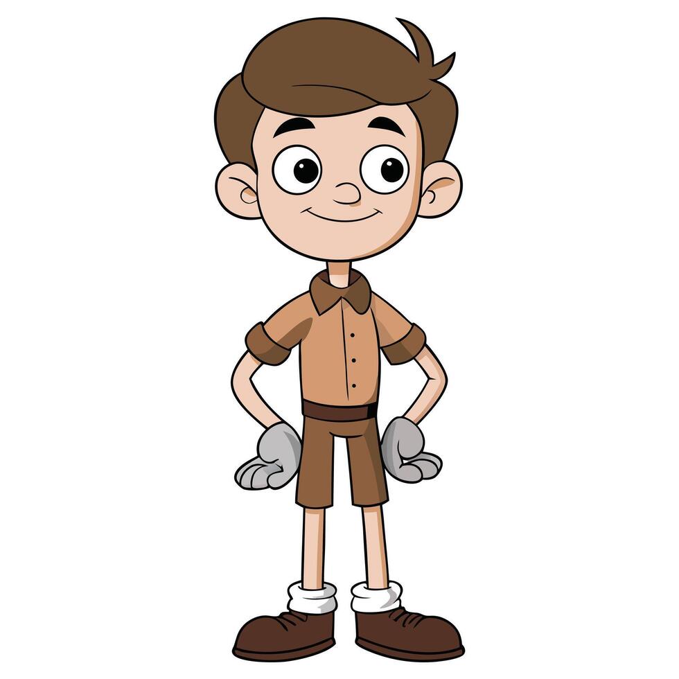 Cartoon scout boy character design with brown uniform and smiling expression vector