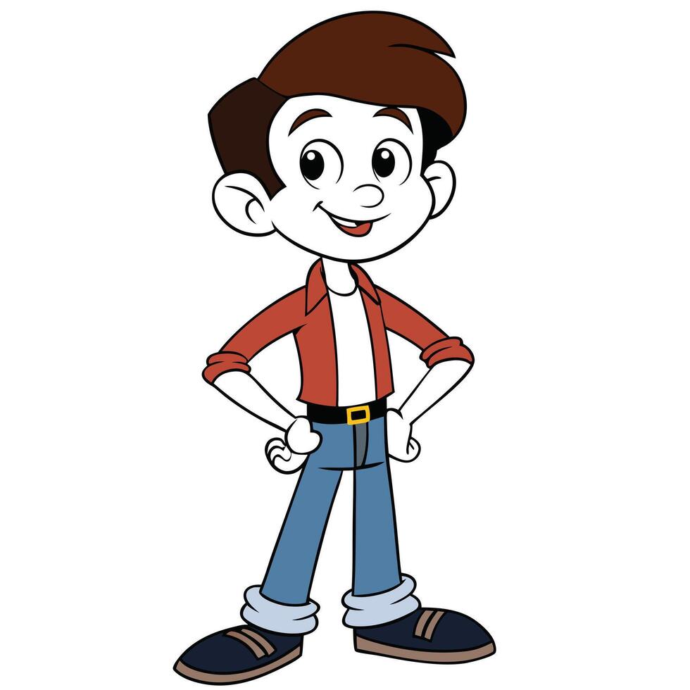 Cartoon boy character stands smiling hands on hips wearing red shirt vector