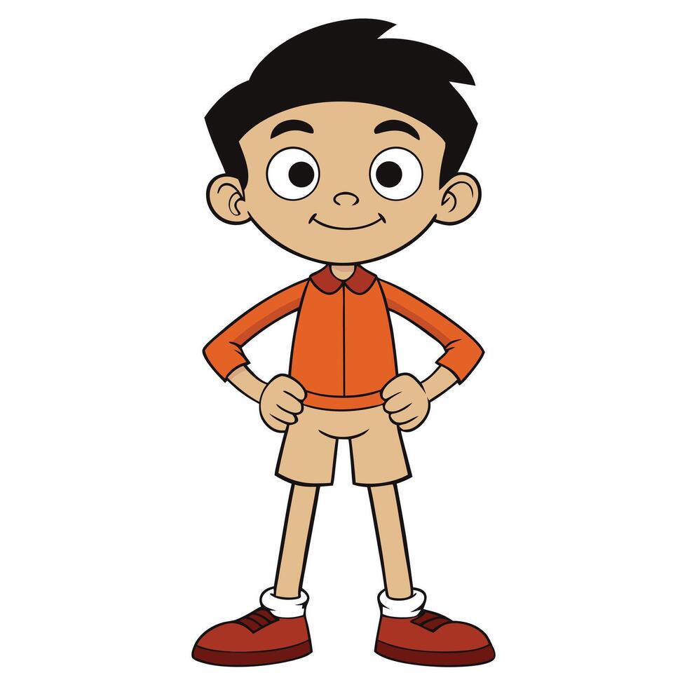 Cartoon boy standing with hands on hips smiling proudly illustration vector