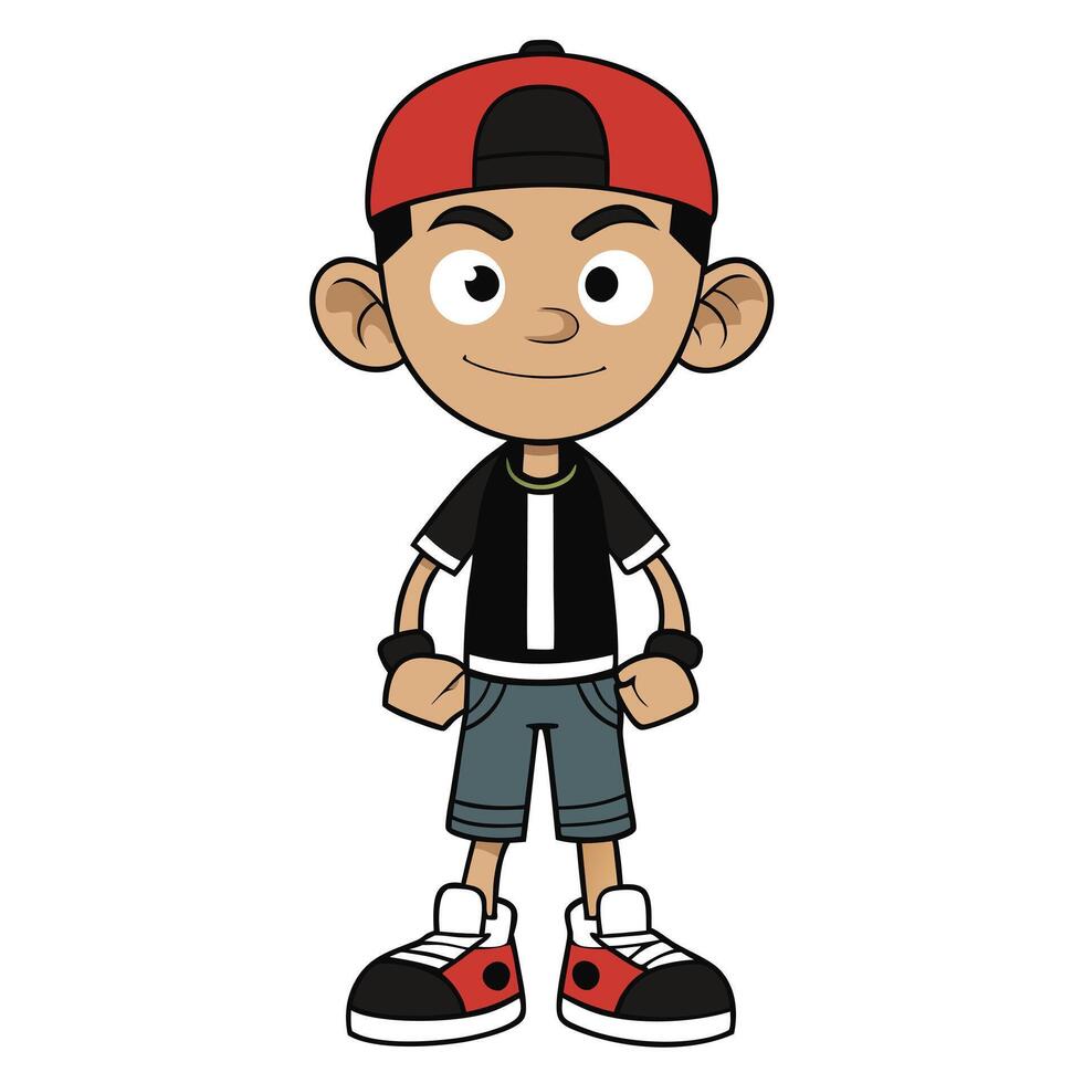 Cartoon boy character full body illustration smiling wearing red cap and casual outfit vector